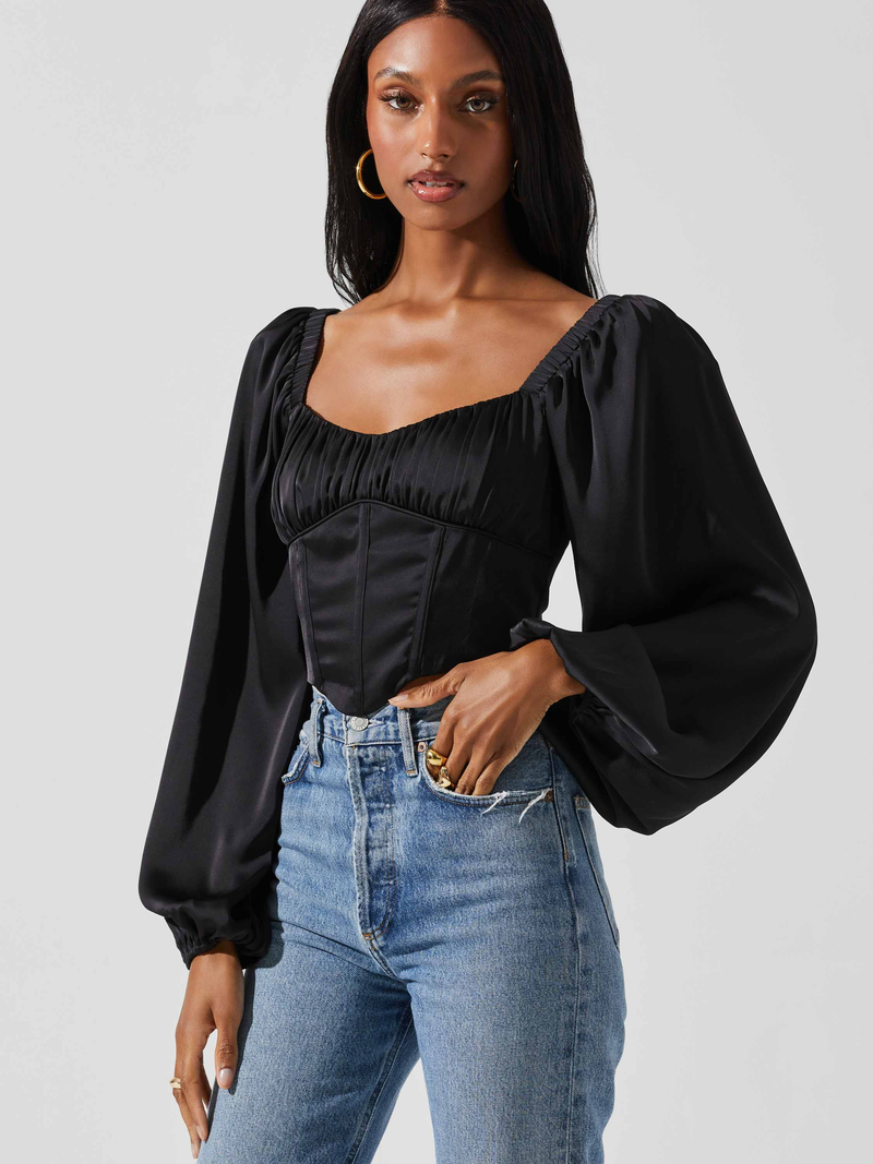 ASTR - Penny Ruched Bust Long Sleeve Top - Black